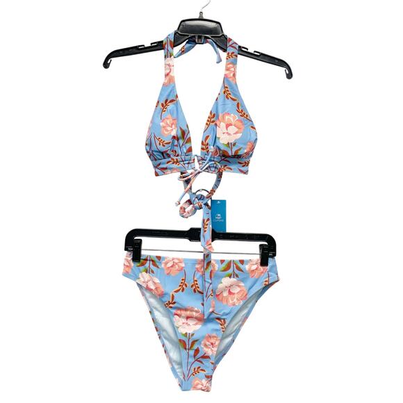 Cupshe Women's Blue Floral Tie Front Halter & Cheeky Bikini Set Size Medium - Picture 1 of 10